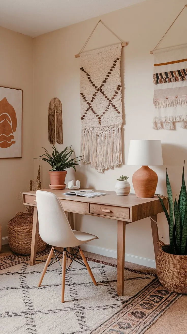 Sunlight streams into this cozy boho office, where earth-toned hues and terracotta office design create a haven of calm and creativity.  The perfect blend of comfort and style for a productive workday.