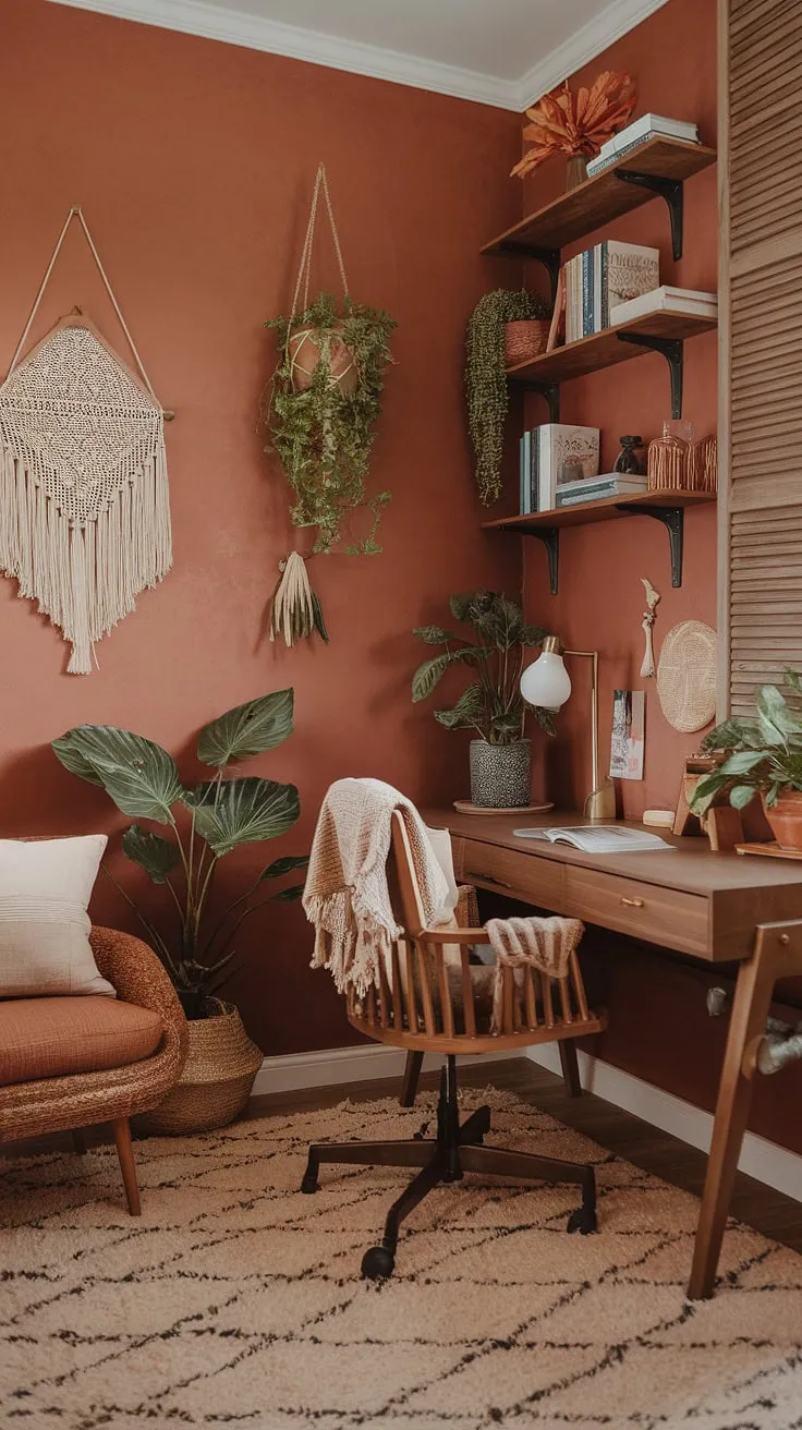 Sunlight streams into this cozy boho office, where terracotta office design meets earth-toned serenity.  The perfect blend of warmth and functionality for a productive yet calming workspace.