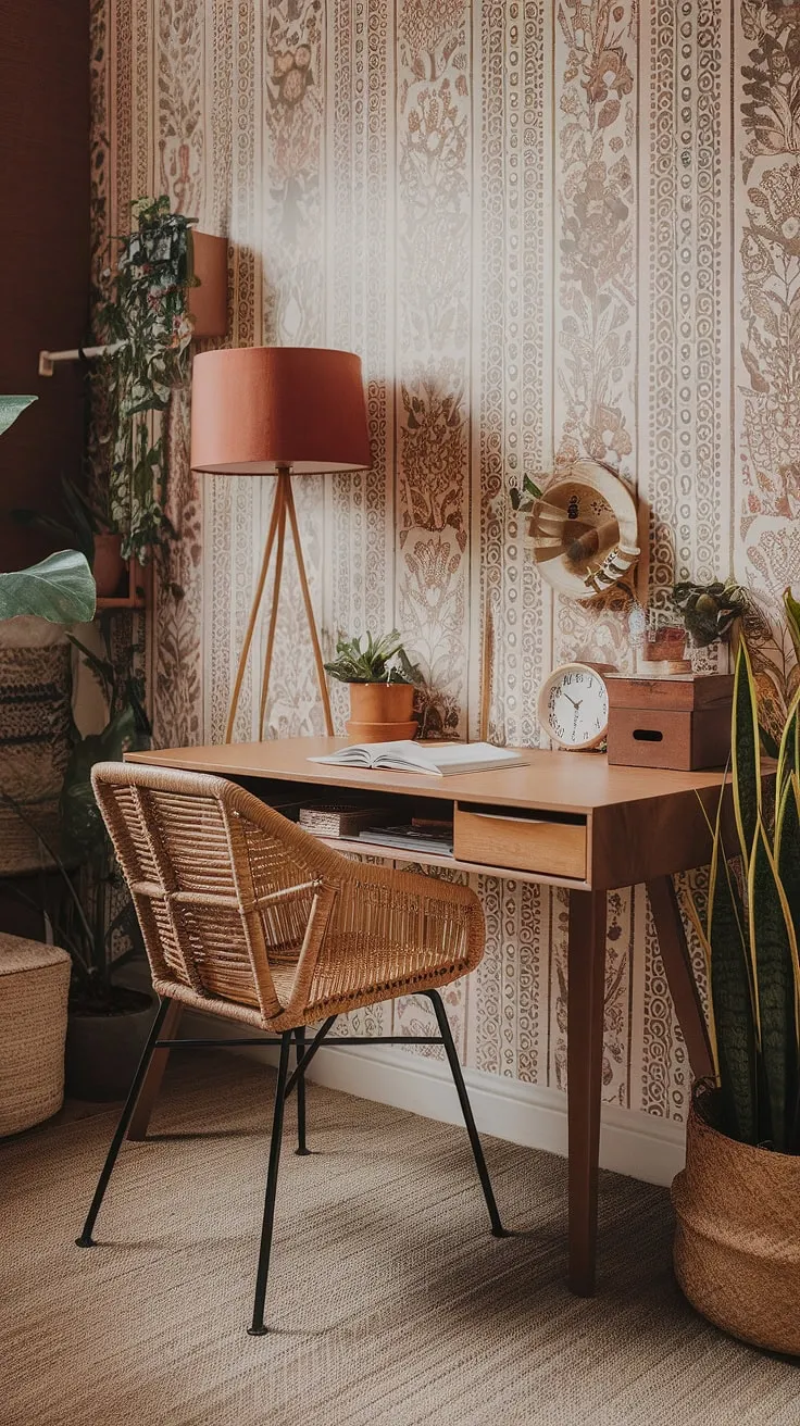 Find your focus in this cozy boho home office, where earth-toned hues and a terracotta office design create a haven of calm and creativity. The patterned wallpaper and wicker chair add a touch of bohemian charm, making work feel less like work and more like a retreat.