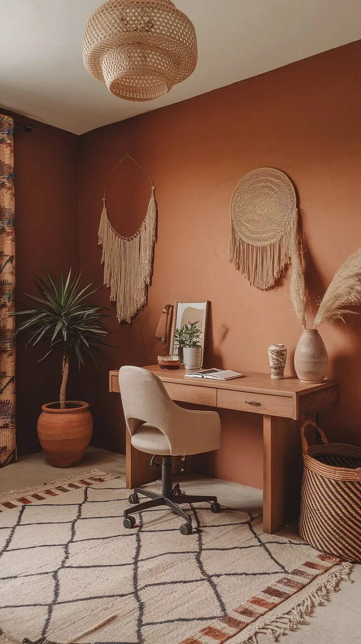 Find your focus in this tranquil terracotta office design.  Earth-toned accents and cozy boho office vibes create a space where work feels less like work and more like a mindful retreat.  A boho home office dream.