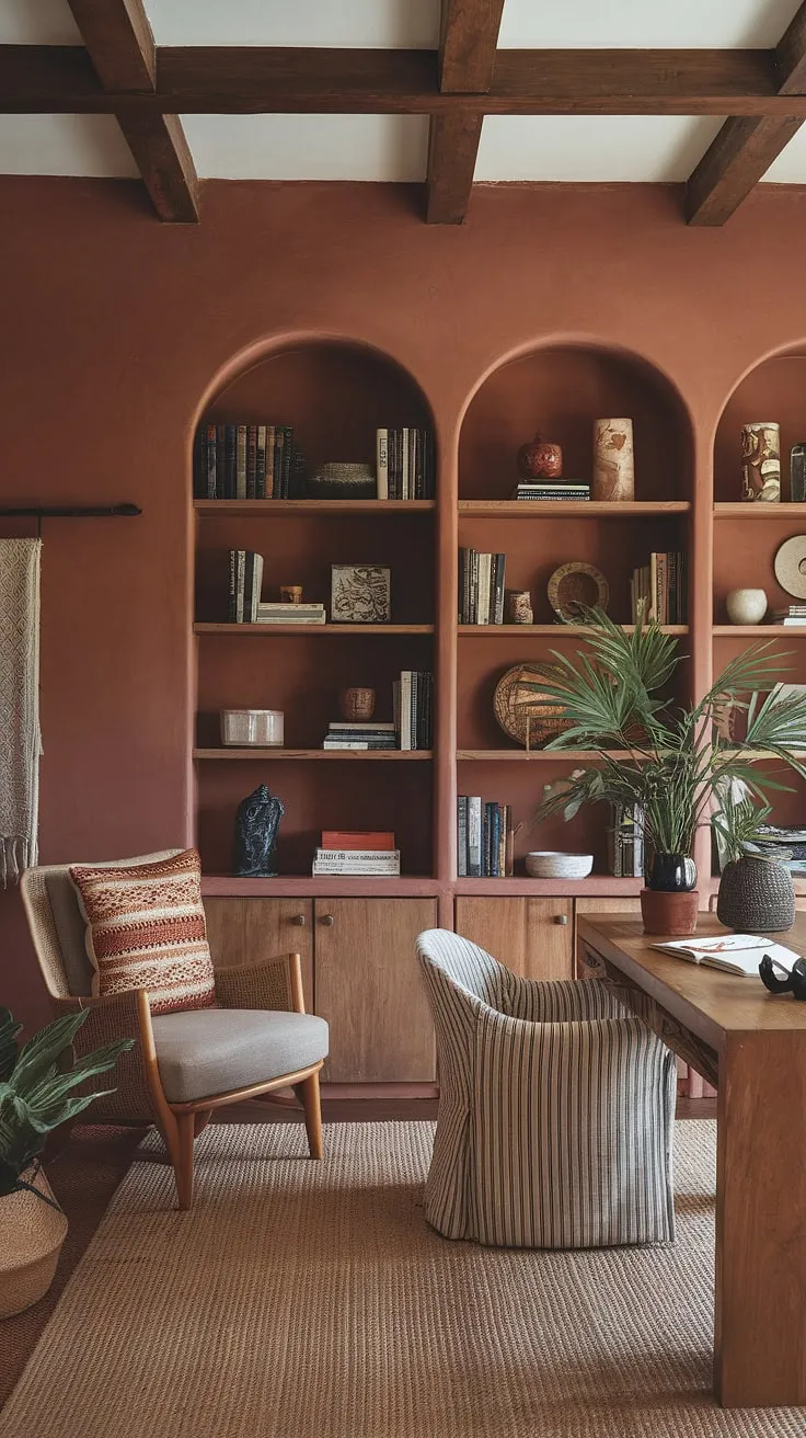 Escape the ordinary in this terracotta office design. This boho home office, brimming with earth-toned warmth and handcrafted details, is the perfect blend of style and comfort.  Settle into your favorite chair and let the cozy boho office inspire your next masterpiece.