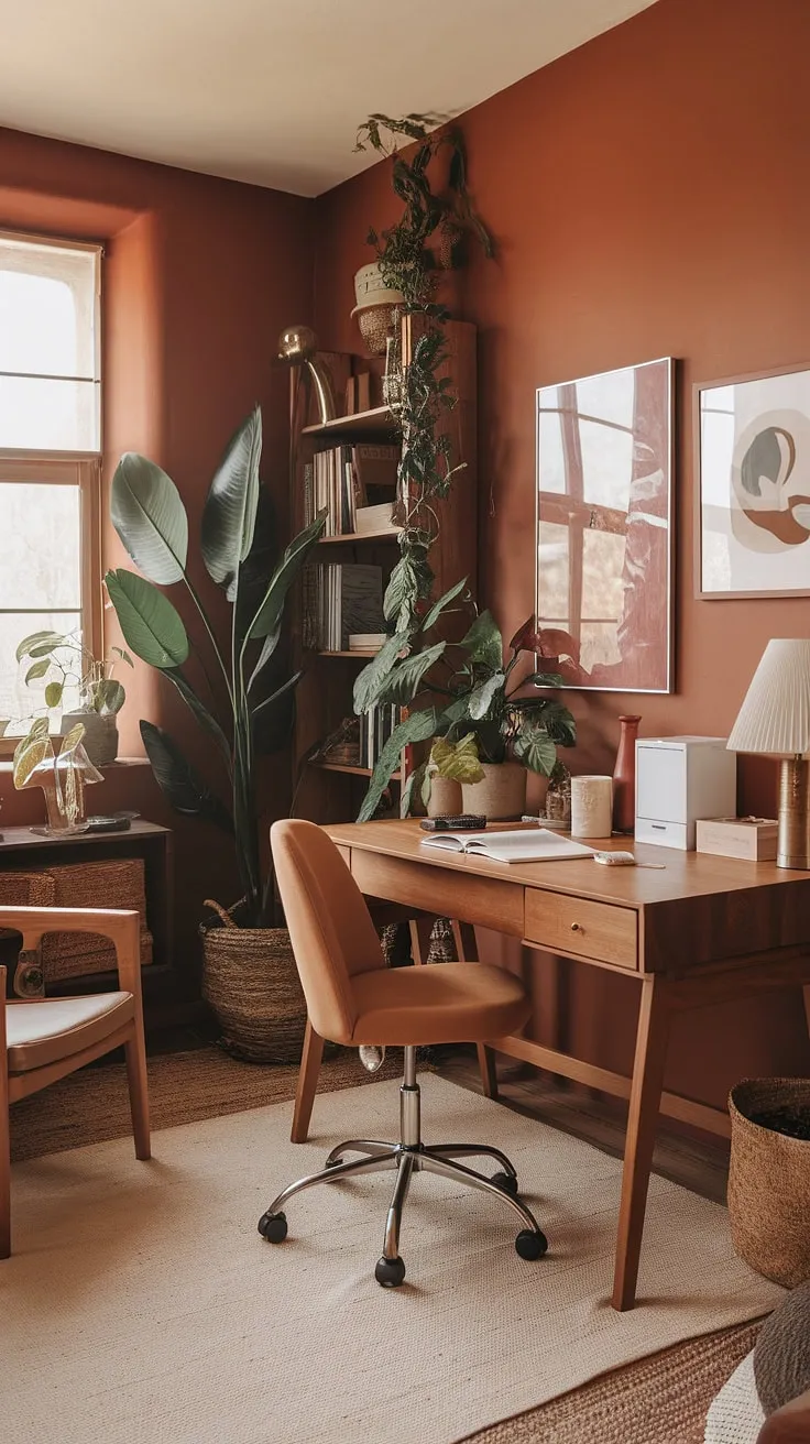 My cozy boho home office, bathed in warm earth tones and terracotta accents, is where creativity blossoms.  The perfect blend of comfort and style for a productive workday.