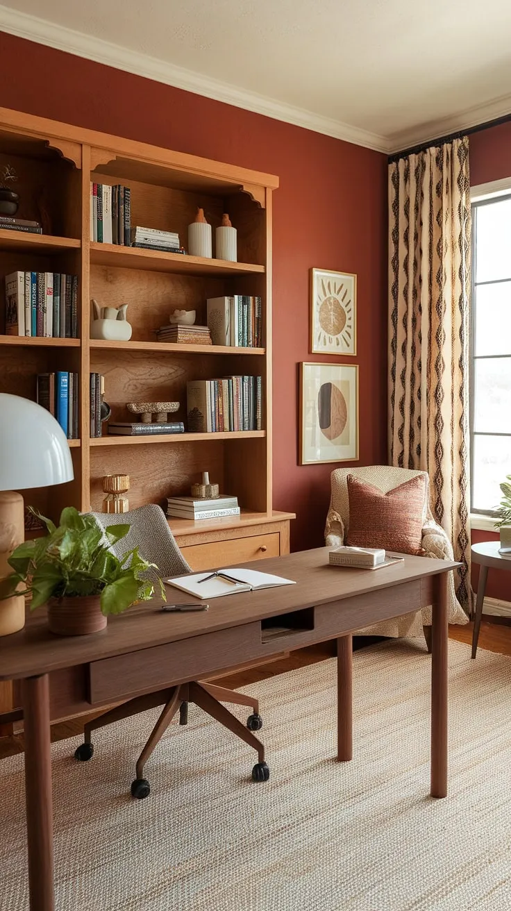 My cozy boho home office, bathed in warm earth tones and terracotta accents, is where creativity and comfort collide.  The perfect space to get lost in work (or a good book!).