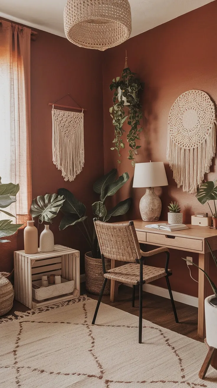 Find your flow in this cozy boho office, where earth-toned hues and abundant greenery create a haven of calm. The terracotta office design and woven textures add a touch of bohemian charm, making work feel less like work and more like a retreat.