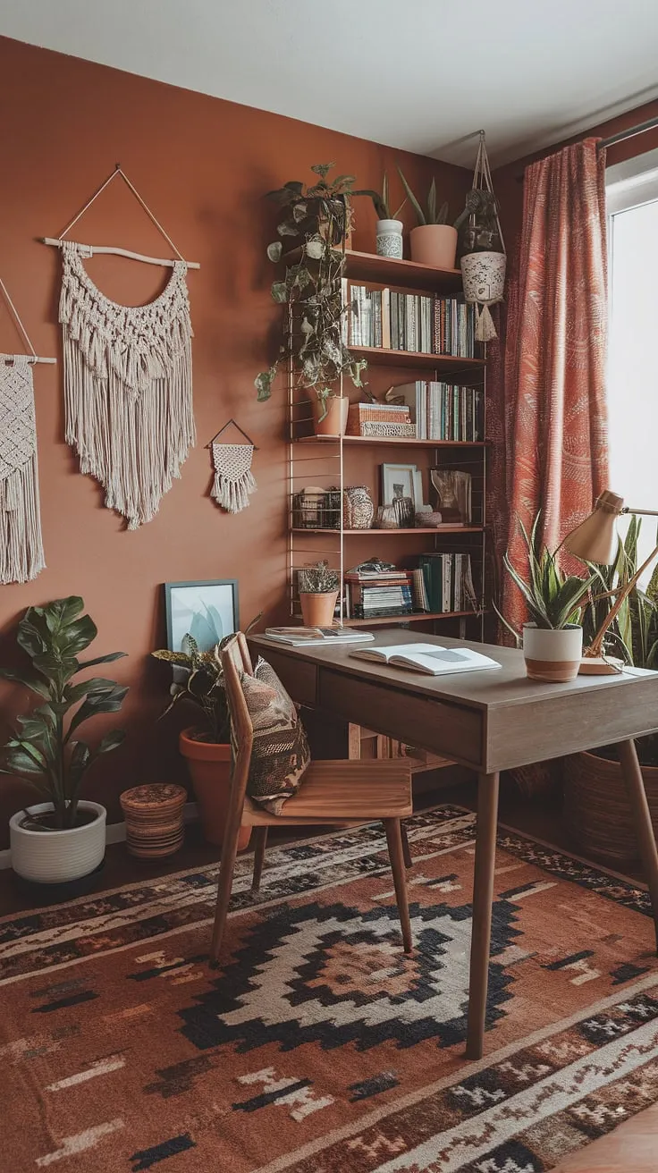 Sunlight streams into this cozy boho office, where earth-toned hues and terracotta office design create a calming and inspiring workspace.  The perfect blend of comfort and style for a productive day.