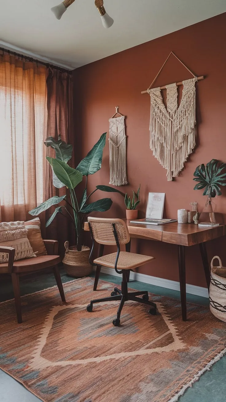 My boho home office is finally complete!  The terracotta office design brings such warmth and personality, perfectly complementing the earth-toned palette and creating the ultimate cozy boho workspace.