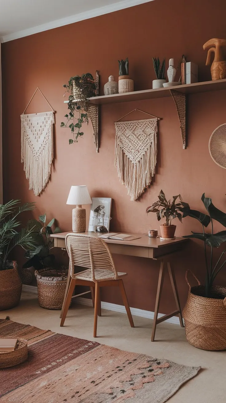 Bathed in the warm glow of terracotta, this cozy boho office is a haven of creativity.  Earth-toned details and carefully curated textures create a space that's both inspiring and utterly relaxing.