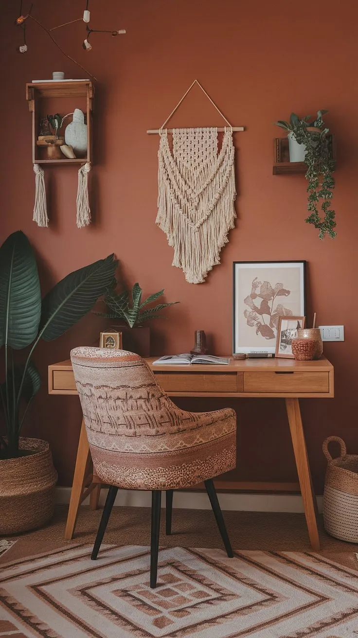 Bathed in the warm glow of terracotta, this cozy boho office is a haven of creativity.  Earth-toned details and carefully curated textures create a space that's both inspiring and utterly relaxing.