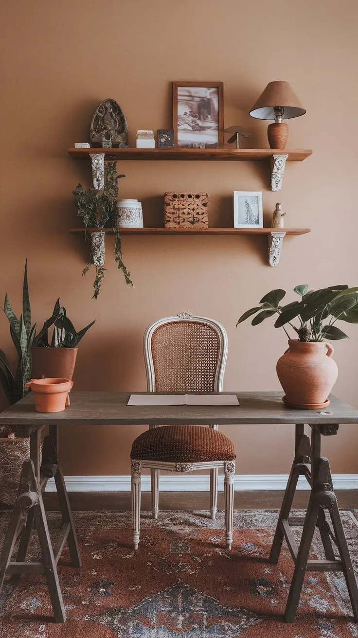 Escape to your creative haven in this boho home office.  Warm earth tones, a handcrafted desk, and a touch of greenery combine to form the perfect blend of style and functionality in this inviting and inspiring earth-toned office.