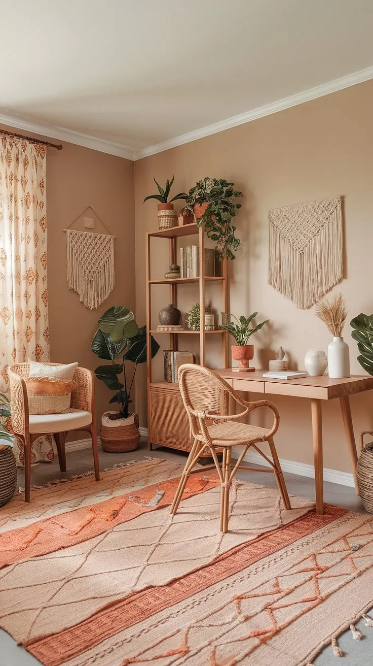 Escape the ordinary in this terracotta office design.  This earth-toned office is the perfect blend of style and functionality, a cozy boho office where inspiration thrives amidst natural elements and calming colors.  The boho home office aesthetic creates a space that's both productive and peaceful.