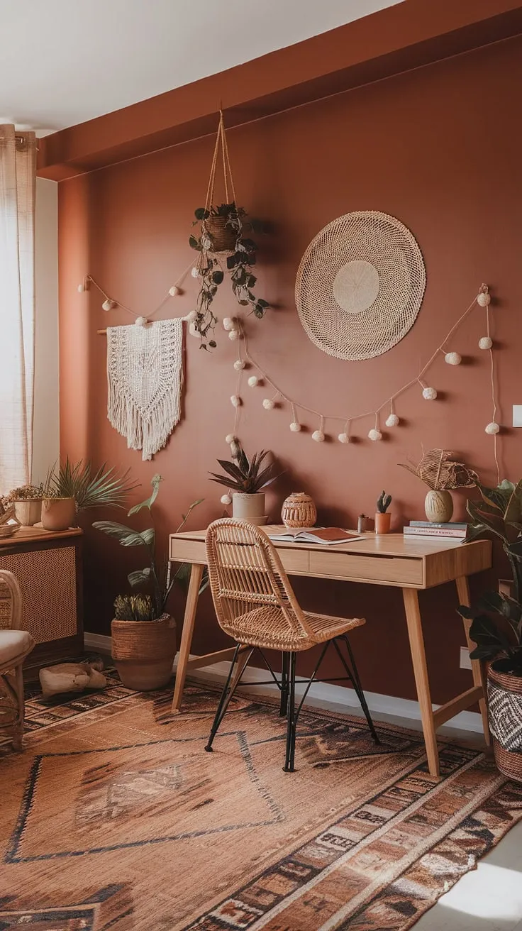 This terracotta office design is the epitome of a cozy boho office.  Natural textures, warm lighting, and a thoughtfully curated space make this boho home office the ideal place to work and unwind.  The earth-toned palette creates a serene and inspiring environment.