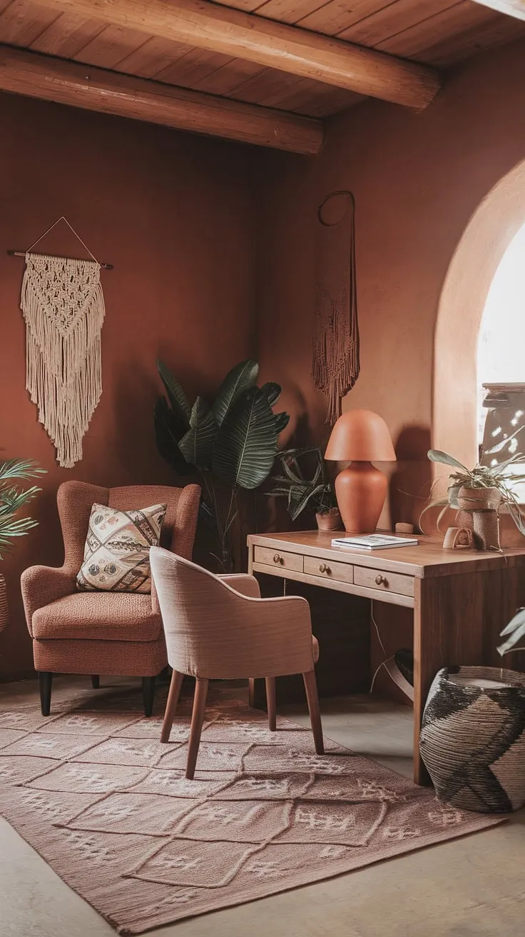 Find your flow in this stunning boho home office.  The terracotta walls and rich wooden accents create a truly unique earth-toned office space.  Every detail, from the patterned rug to the macrame wall hanging, contributes to the inviting and inspiring ambiance of this cozy boho office.