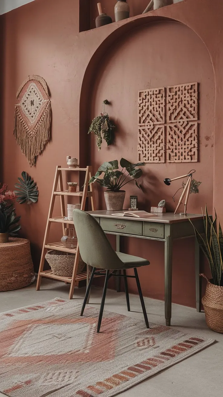 Find your flow in this earth-toned office.  The terracotta office design and carefully curated details create a cozy boho office where inspiration thrives. A boho home office dream come true.