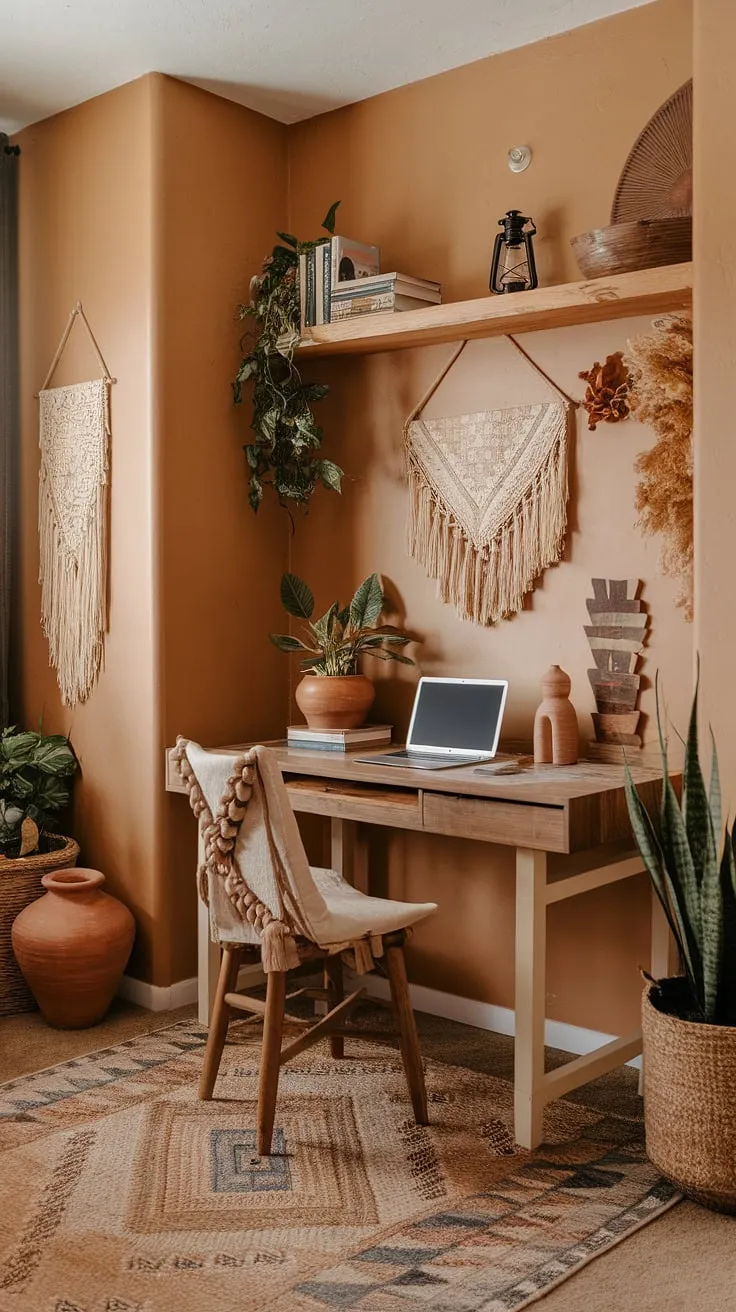 My boho home office is finally complete!  The terracotta office design brings a sense of calm and warmth, making this earth-toned space the perfect blend of cozy and productive.