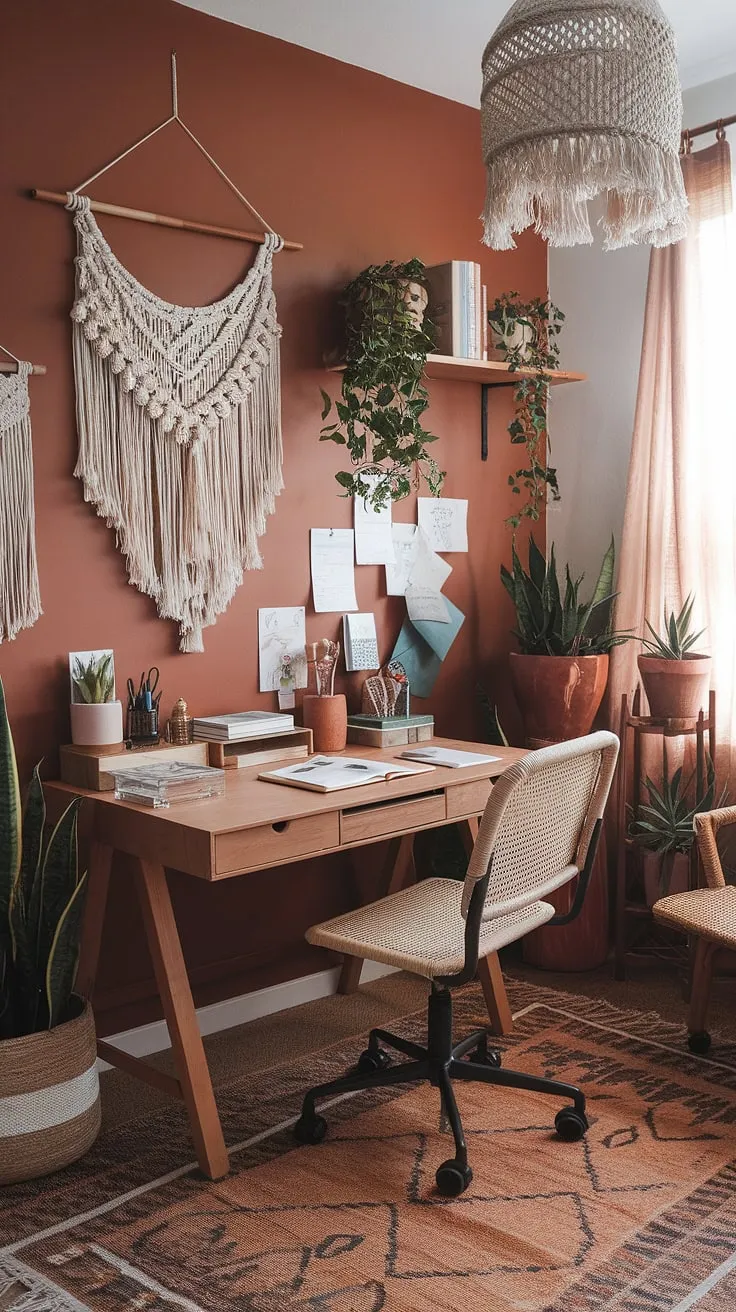 Escape to your own earth-toned office sanctuary. This boho home office, with its warm terracotta walls and carefully curated details, is the perfect blend of style and functionality, creating a space where work feels less like work and more like a peaceful retreat.