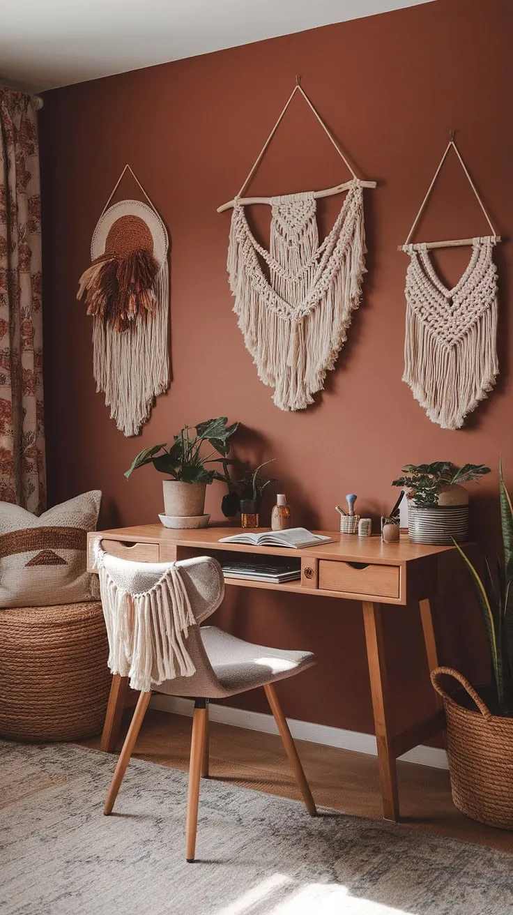 Sunlight streams into this cozy boho office, where earth-toned hues and terracotta office design create a calming and inspiring workspace.  The perfect blend of comfort and style for a productive day.