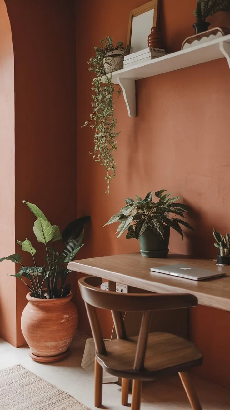 My terracotta office design dreams came true! This boho home office is the perfect blend of cozy and chic, with earth tones setting the perfect mood for focused work.
