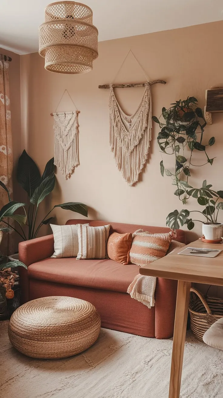 Sunlight streams into this cozy boho office, where terracotta office design meets earth-toned serenity.  The perfect blend of warmth and creativity for a productive and inspiring workspace.