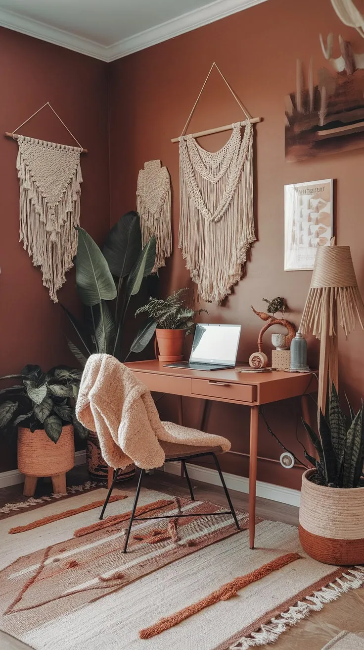 This terracotta office design perfectly complements my boho home office aesthetic.  The warm earth tones and cozy feel make it the ideal space for productivity and relaxation in my cozy boho office.