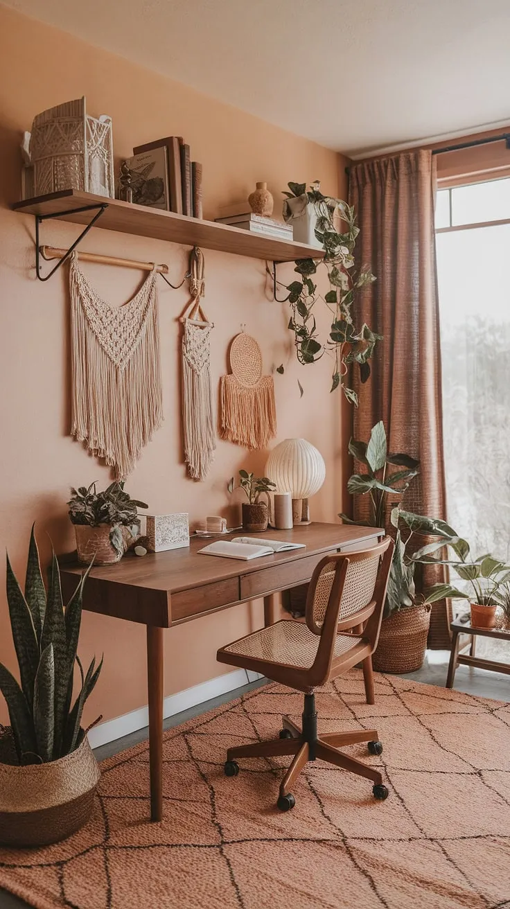 Sunlight streams into this cozy boho office, where earth-toned hues and terracotta office design create a calming and inspiring workspace.  The perfect blend of comfort and creativity for a productive day.