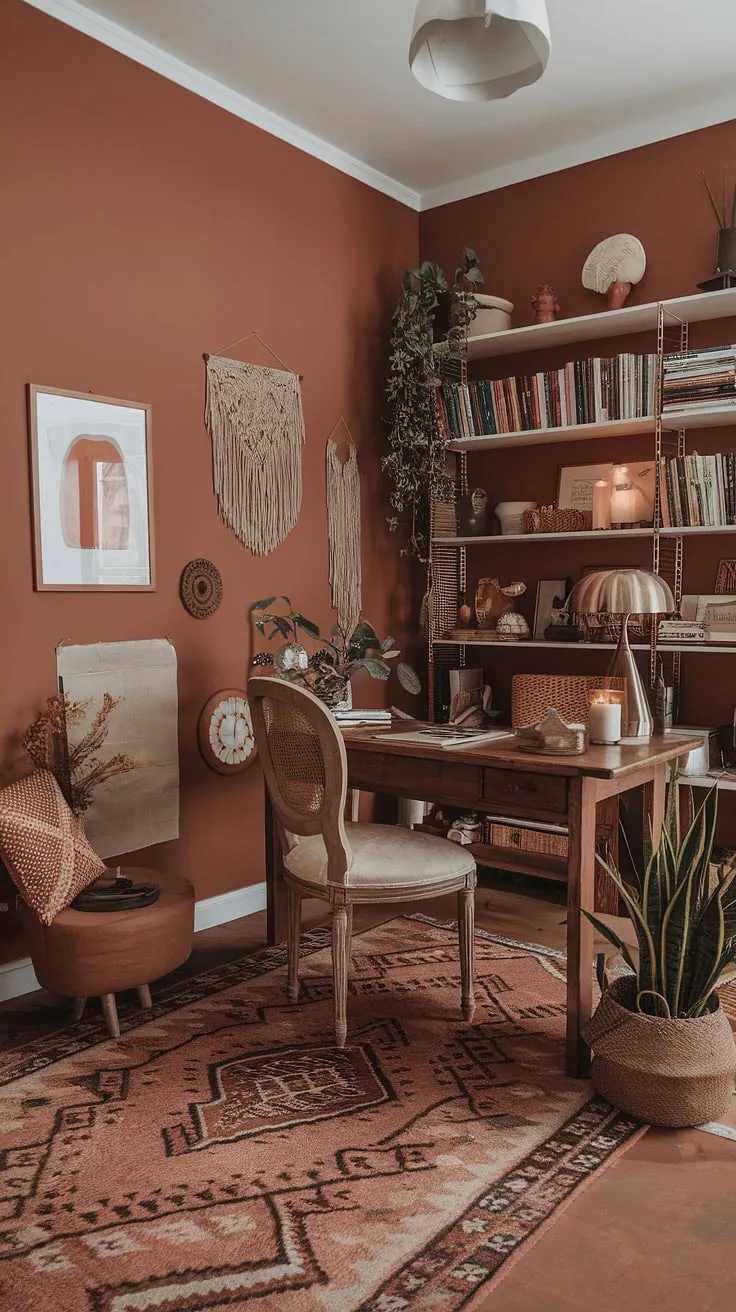 Bathed in warm sunlight, this cozy boho office, with its terracotta office design and earth-toned palette, is the perfect blend of productivity and peaceful retreat.  The ultimate boho home office sanctuary.