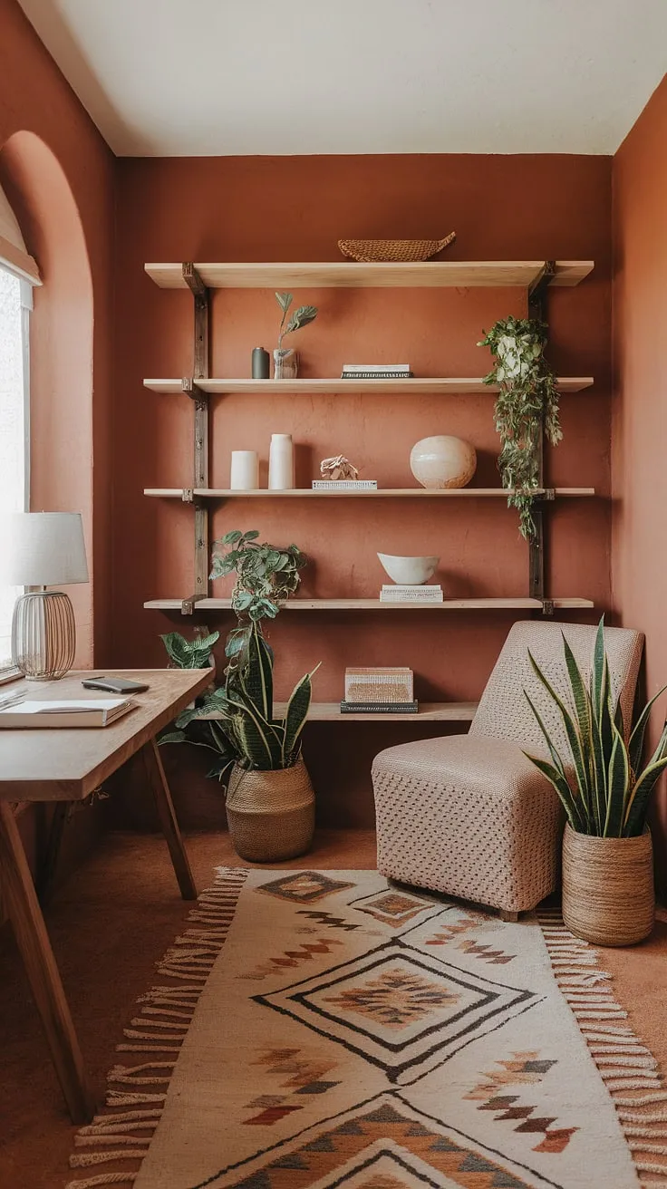Bathed in warm sunlight, this cozy boho office, with its terracotta office design and earth-toned palette, is the perfect blend of productivity and peaceful retreat.  The ultimate boho home office sanctuary.