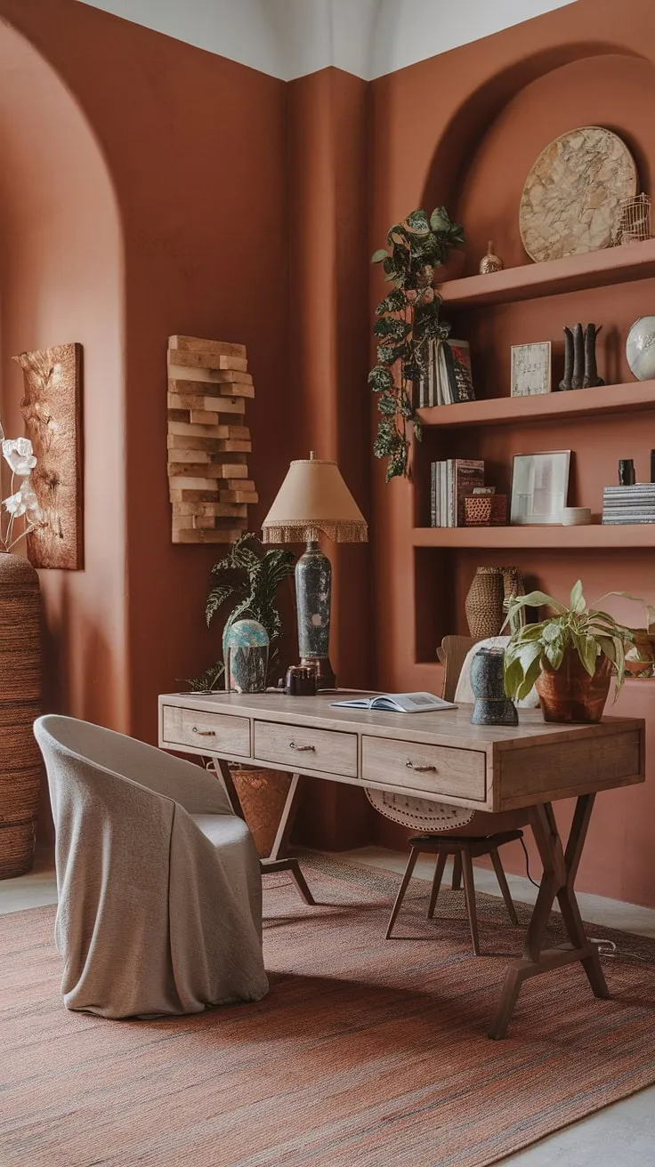 Escape the ordinary in this earth-toned office.  A terracotta office design sets the stage for a serene and inspiring workspace, complete with a comfortable chair and all the boho home office essentials for a productive yet peaceful day.