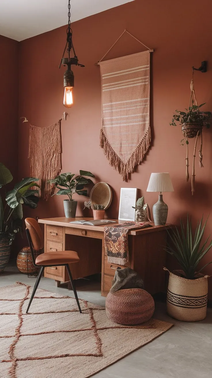 Escape to your own personal sanctuary with this terracotta office design. This boho home office, brimming with earth-toned decor and a comforting ambiance, is the ideal blend of style and functionality for a productive yet peaceful workday.