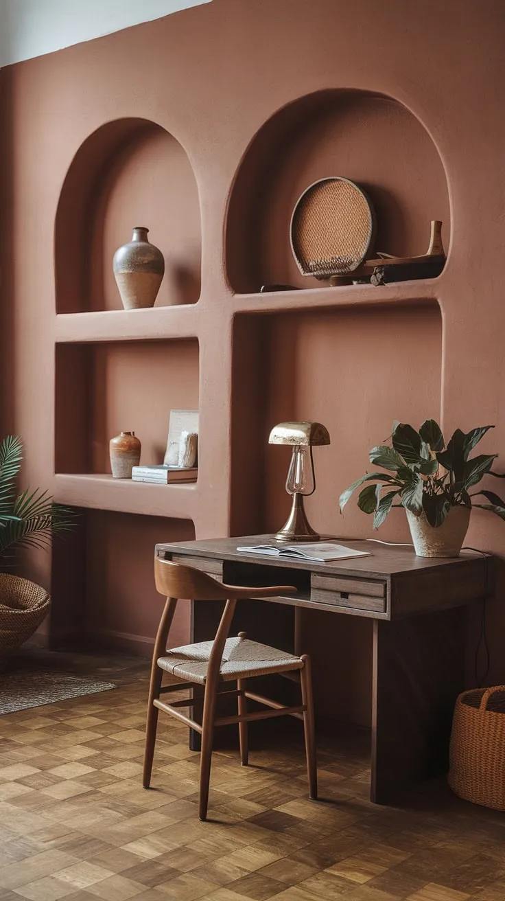 Sunlight streams into this cozy boho office, where earth-toned hues and terracotta office design create a haven of calm and creativity.  The perfect blend of comfort and style for a productive workday.
