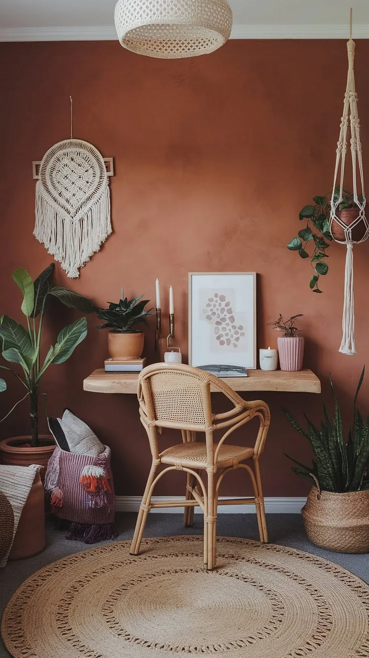 My terracotta office design dreams came true! This boho home office is the perfect blend of earthy tones and cozy comfort, making work feel less like work and more like a retreat.