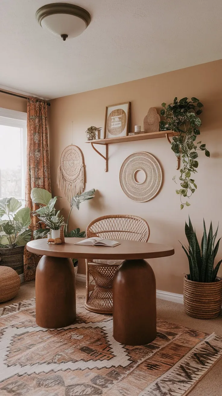 My terracotta office design dreams came true! This boho home office is the epitome of cozy, with its earth-toned palette and effortlessly chic style.  A space where work feels less like work and more like a peaceful retreat.