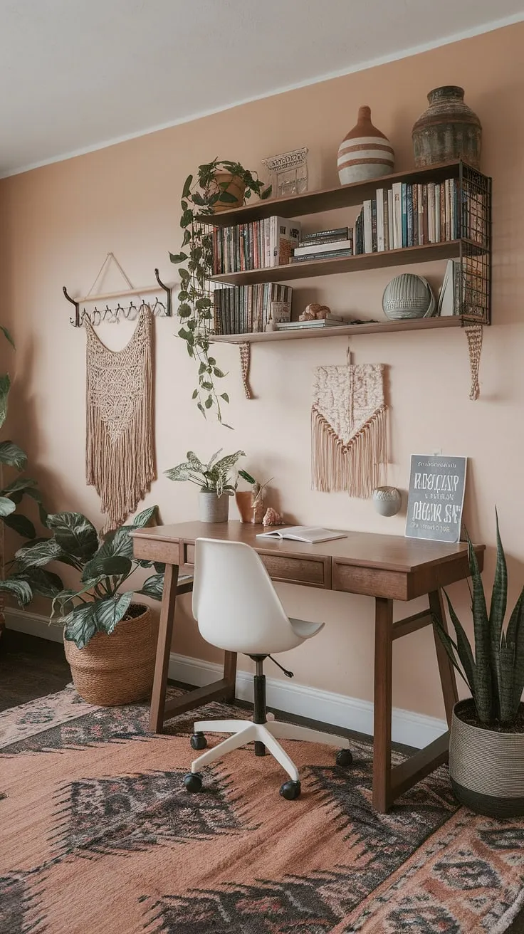Find your flow in this earth-toned office.  A terracotta office design creates a calming and inspiring atmosphere in this cozy boho office, the ideal boho home office escape.