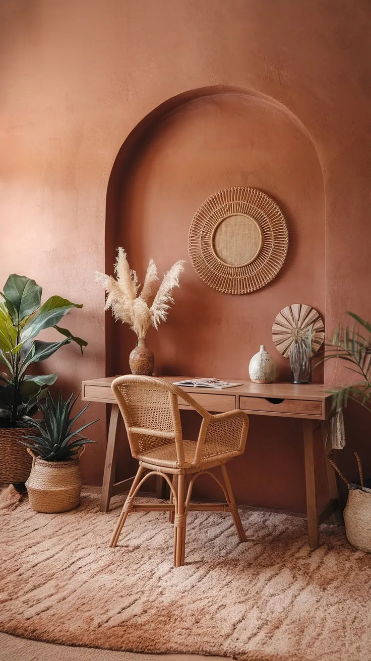 Bathed in warm sunlight, this cozy boho office, with its terracotta office design and earth-toned palette, is the perfect blend of comfort and creativity.  The ultimate boho home office sanctuary.