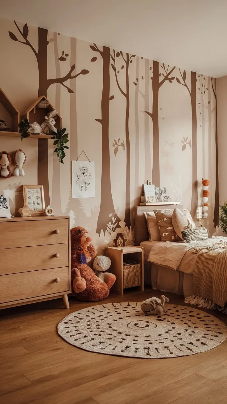 Step into this enchanting boho kid room, a forest-inspired haven where earthy tones and natural materials create a woodland themed room perfect for little adventurers. This nature themed kids bedroom is a dreamy escape, a natural kids room filled with wonder.