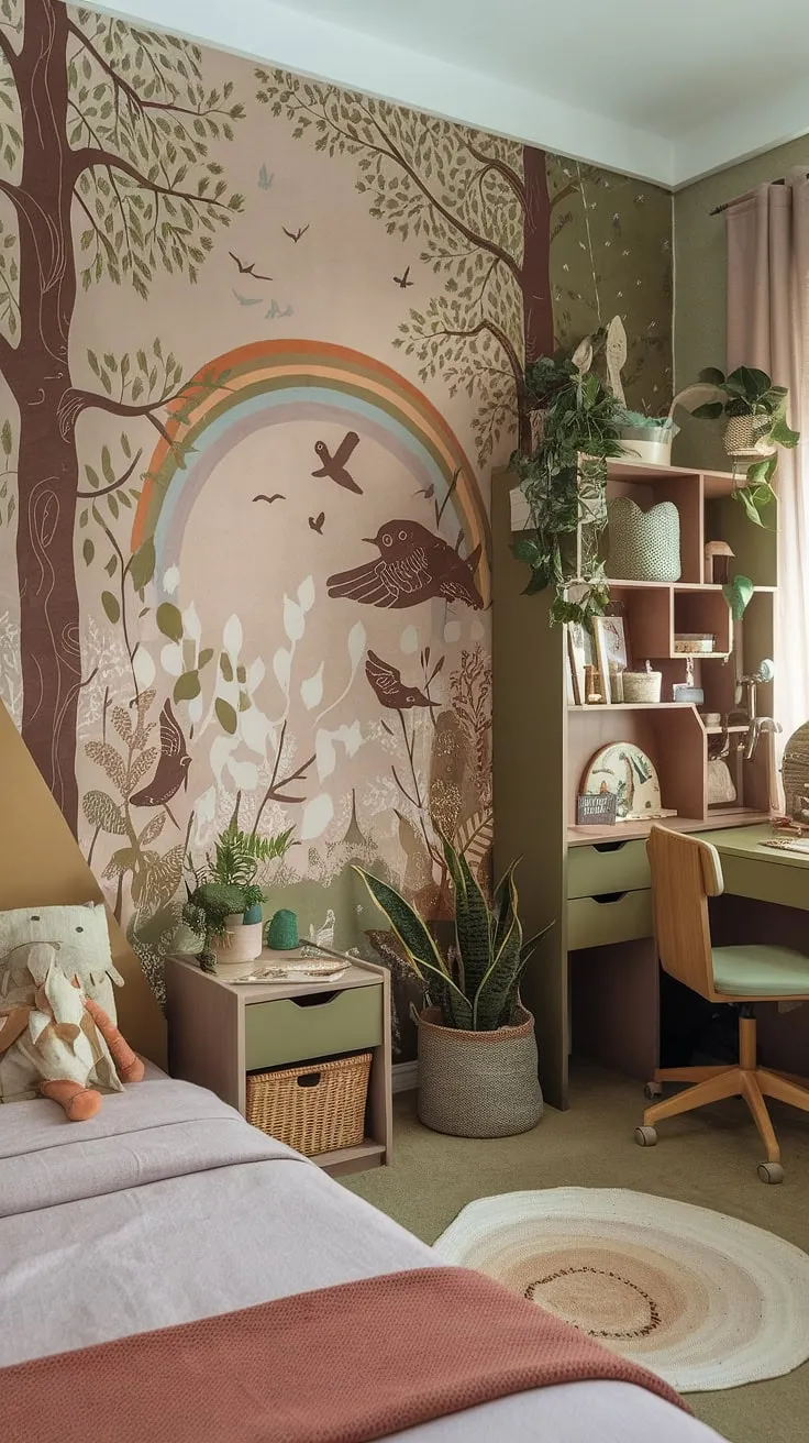 Step into this enchanting boho kid room, a forest-inspired haven where earthy tones and woodland wonders create a magical natural kids room. This nature-themed kids bedroom is the perfect blend of boho style and whimsical charm, a truly unique kids forest room for your little one.