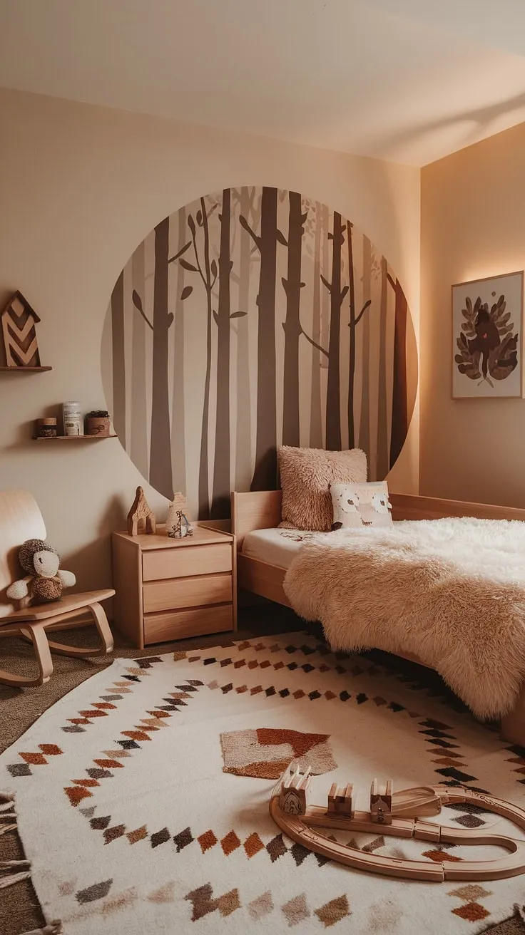 This kids forest room is a whimsical haven: a boho kid room designed for imaginative play. The woodland themed room's earthy tones and natural elements create a peaceful, forest-inspired kids room perfect for any child.
