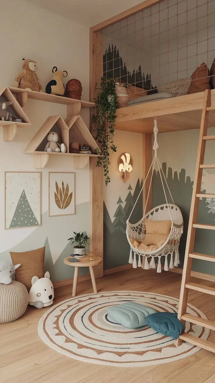 A dreamy woodland themed room awaits! This boho kid room, a kids forest room filled with natural textures and whimsical details, is the ultimate forest inspired kids room for little adventurers.
