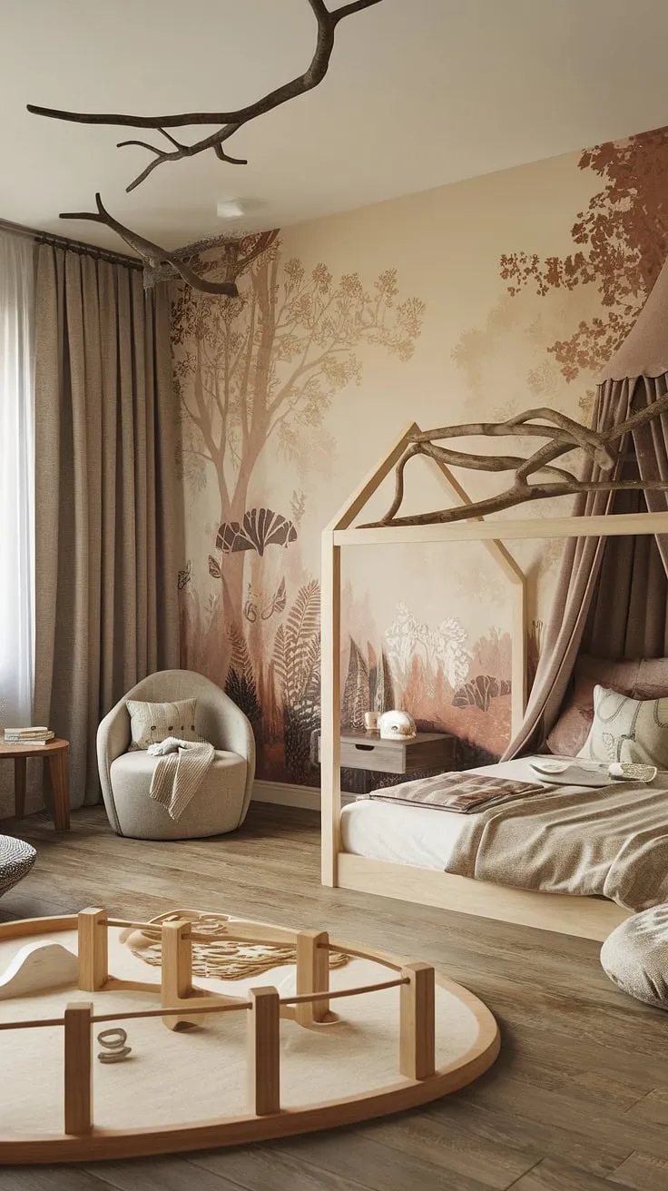 Dreamy woodland themed room alert! This boho kid room, a kids forest room brimming with natural elements, offers a peaceful and playful escape in this nature themed kids bedroom.