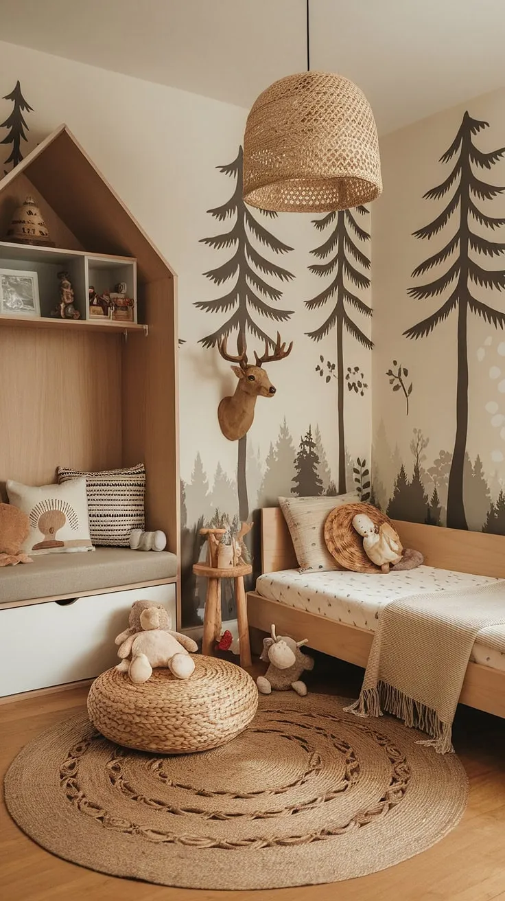 Step into this enchanting boho kid room, a whimsical forest inspired kids room where earthy tones and natural textures create a calming haven. The woodland themed room features a wooden bed, woven rug, and a charming deer head, complemented by a reading nook and playful stuffed animals. This nature themed kids bedroom is the perfect blend of cozy and adventurous, a truly natural kids room for imaginative play.