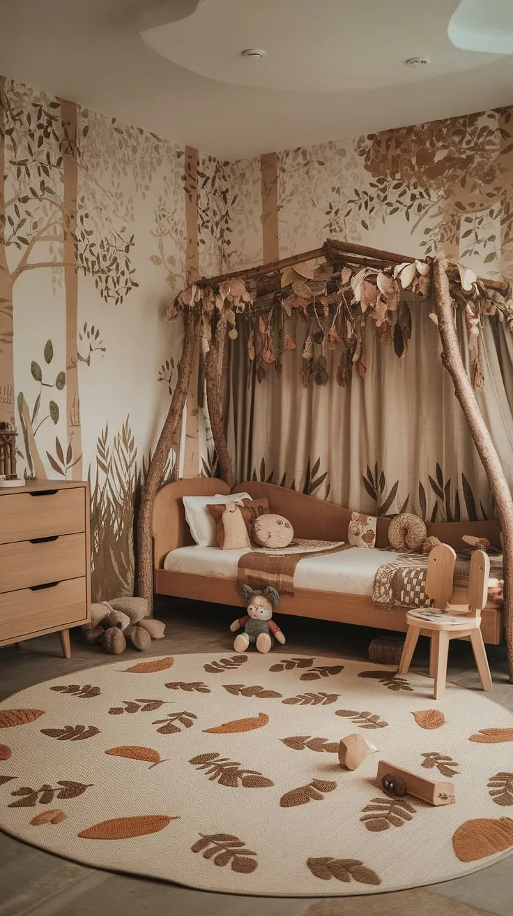 Dreamy and whimsical, this earthy toddler room is a stunning example of a forest inspired kids room. The boho kid room's woodland themed design creates a kids forest room filled with natural light and playful charm.