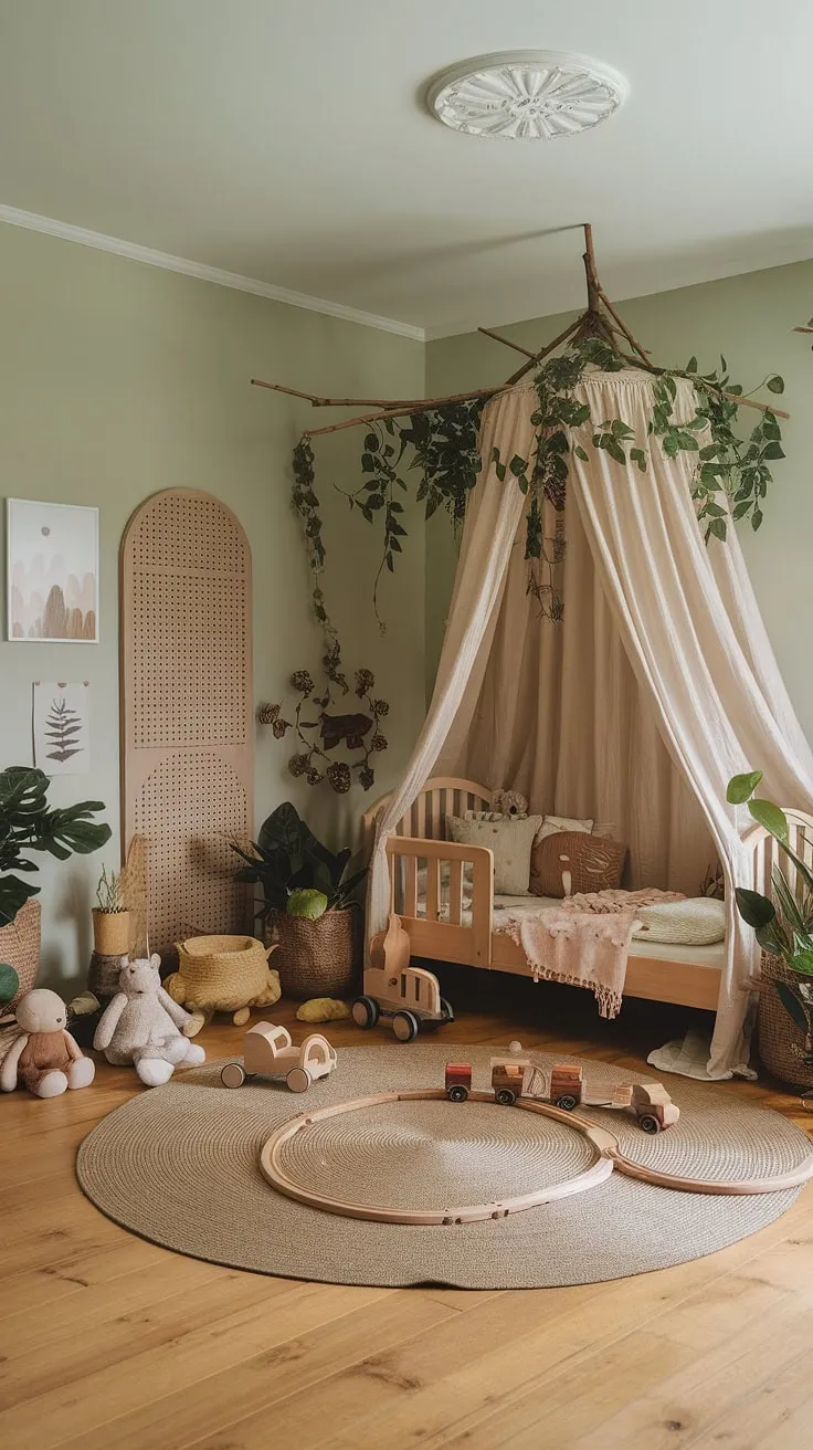 Step into this enchanting boho kid room, a forest-inspired haven where earthy tones and natural elements create a magical woodland themed room for your little one. This nature themed kids bedroom is the perfect blend of cozy and whimsical.
