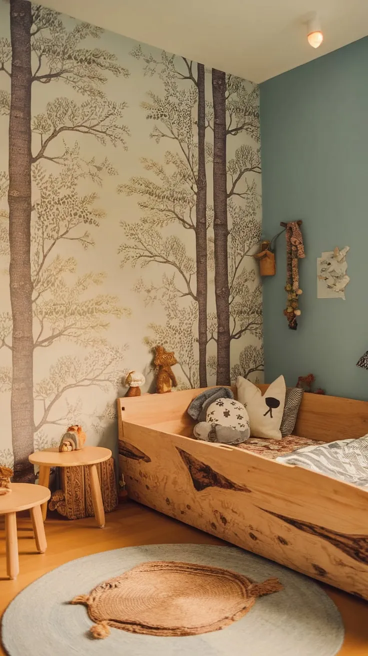 Drift off to sleep in this enchanting boho kid room, a whimsical woodland themed room where nature's beauty unfolds.  The earthy toddler room, with its forest-inspired kids room design and natural kids room aesthetic, creates a calming sanctuary for sweet dreams. This nature themed kids bedroom is the perfect blend of comfort and playful exploration.