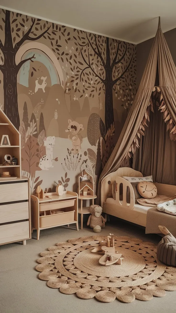 Dive into the magic of this forest inspired kids room, a truly earthy toddler room brimming with boho charm.  The woodland themed room's mural and branch canopy create a captivating nature themed kids bedroom, a perfect natural kids room for fostering creativity and wonder.