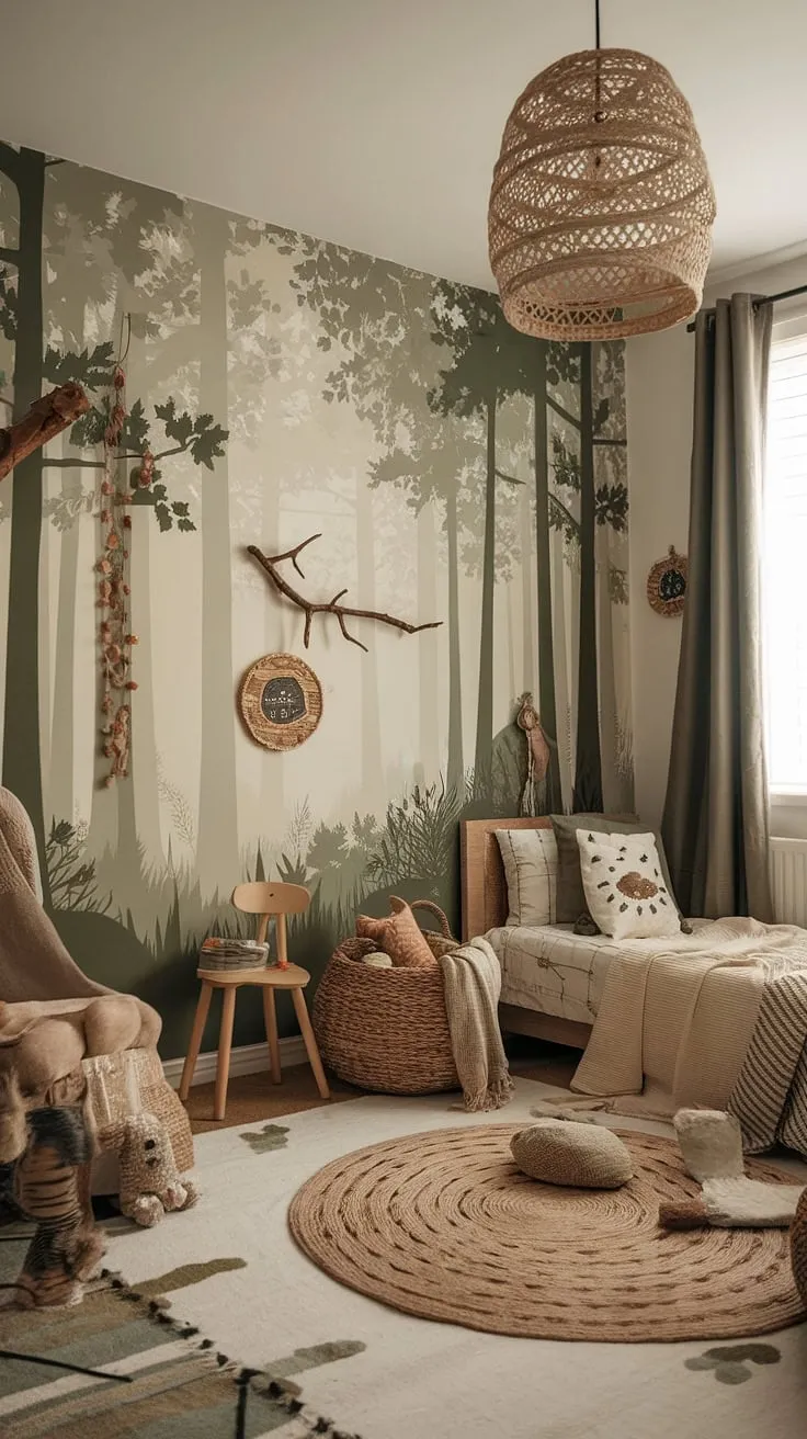 Imagine a kids forest room where tranquility meets playful adventure. This forest-inspired kids room, a stunning example of a nature themed kids bedroom, boasts a calming earthy toddler room aesthetic.  The boho kid room's natural color palette and charming details create a space that's both stylish and wonderfully whimsical.