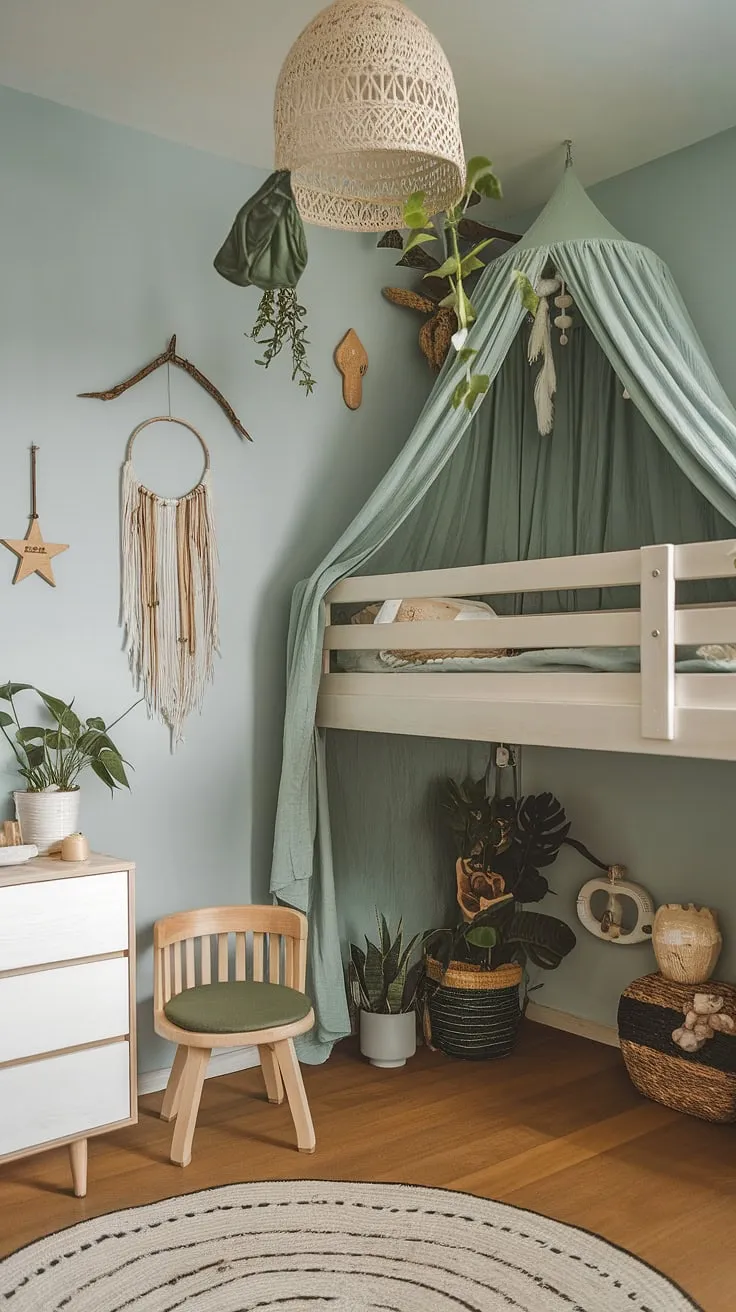 Discover the magic of this forest-inspired kids room, a woodland themed room brimming with natural charm.  This earthy toddler room boasts a boho kid room aesthetic, featuring a cozy loft bed, a white dresser, and playful accents like a wooden star and dreamcatcher.  A truly captivating nature themed kids bedroom, perfect for fostering creativity and wonder.