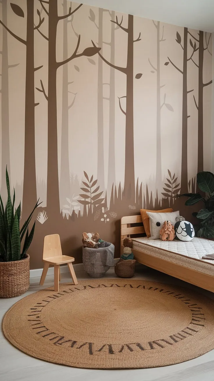 This woodland themed room is the epitome of a natural kids room. A boho kid room with a forest inspired design, this earthy toddler room boasts a calming palette and whimsical details. The large forest wall decal brings the outdoors in, complementing the wooden furniture and potted plants. It's the perfect blend of style and comfort, creating a magical kids forest room for imaginative play and peaceful slumber.