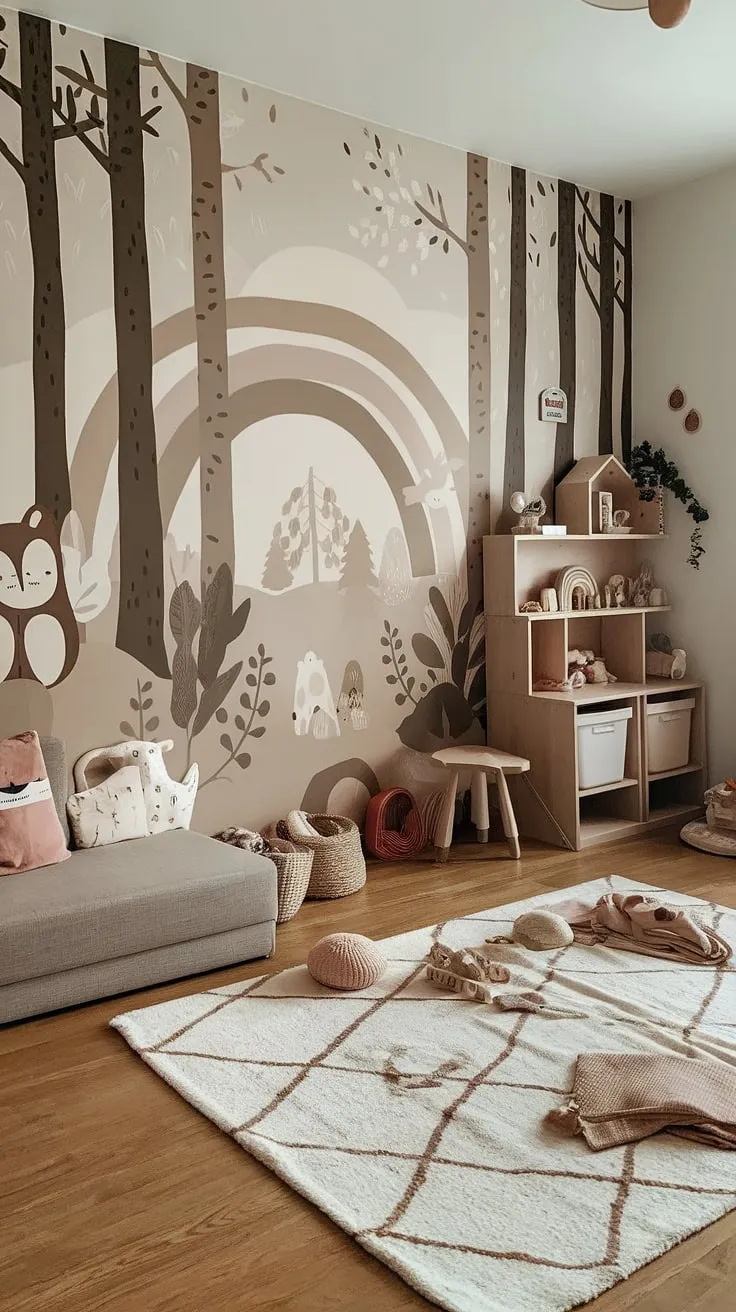 Step into this enchanting boho kid room, a whimsical woodland themed room where earthy tones meet playful forest creatures. The large forest-inspired wall mural, complete with a rainbow, transforms this nature themed kids bedroom into a magical kids forest room. A cozy couch, soft rug, and carefully curated shelves complete the natural kids room's inviting atmosphere. This earthy toddler room is the perfect blend of style and childlike wonder.