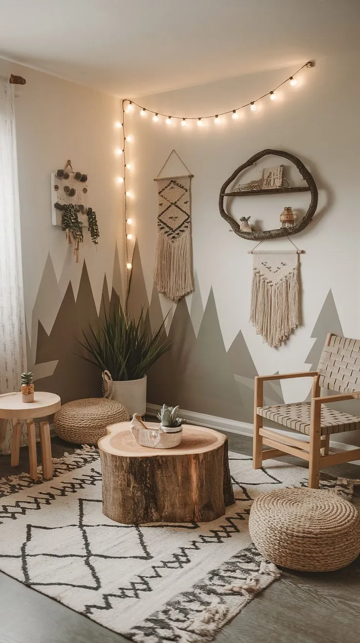 Step into this enchanting boho kid room, a whimsical forest-inspired haven where earthy tones and natural textures create a peaceful woodland themed room perfect for little adventurers. This nature themed kids bedroom is a dreamy escape, a natural kids room brimming with playful charm.