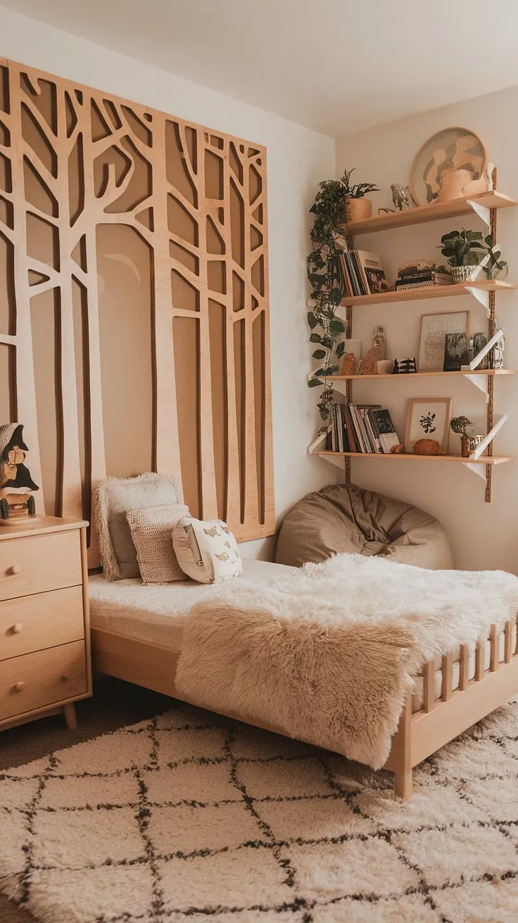 Dreamy woodland themed room, a perfect earthy toddler room where nature meets boho style. This boho kid room is a haven of calm.