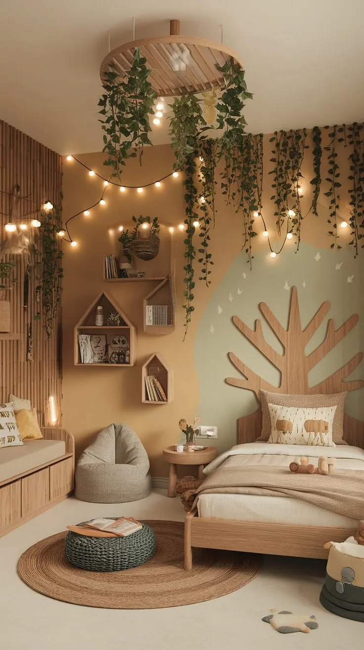 Step into this enchanting boho kid room, a nature-themed haven where woodland dreams come to life. This earthy toddler room, with its forest-inspired design and natural elements, creates a cozy and magical space for little ones.